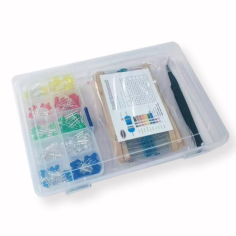 LED resistor kit in a clear plastic storage box with 600 resistors (30 values), 200 LEDs and tweezers