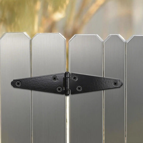 Premium Black Powder Coated Iron Strap Gate Hinges For Fences And Sheds, 6 Inch Heavy Duty Folding Hinge Kit on wooden panels.
