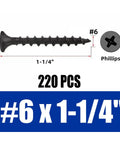 220 Pack One Quarter X 6 Phillips Drywall Screws For Sheetrock Wood Framing Workhorse Grade Carbon Steel Body Coarse Threads on display.