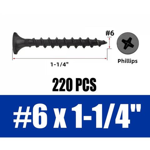 220 Pack One Quarter X 6 Phillips Drywall Screws For Sheetrock Wood Framing Workhorse Grade Carbon Steel Body Coarse Threads on display.