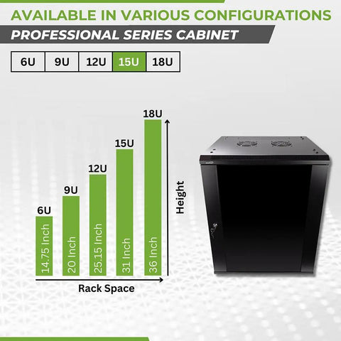 Heavy Duty 15U Wall Mount Server Rack Cabinet With Locking Glass Door 17.7 Deep 19 Inch IT Equipment Dual Cooling Fans