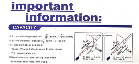 Front view of Luomorgo hole saw circle cutter info sheet; diameter 1 3/16 in to 11 3/4 in, thickness 1/8 in to 2 in.