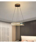Crystal Hanging Pendant LED Lights Luxury Round Rings Chandelier Lamp Home for Living Dining Room,Space in modern bedroom setting.