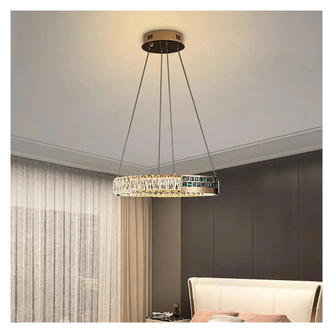 Crystal Hanging Pendant LED Lights Luxury Round Rings Chandelier Lamp Home for Living Dining Room,Space in modern bedroom setting.