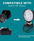 Cordless LED Work Light for Makita 18V Max Battery 27W 2400LM Wide Beam Flood Light 6000K Daylight shown with compatible battery