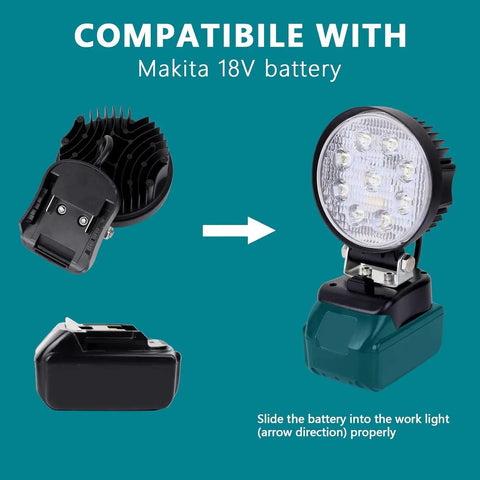 Cordless LED Work Light for Makita 18V Max Battery 27W 2400LM Wide Beam Flood Light 6000K Daylight shown with compatible battery