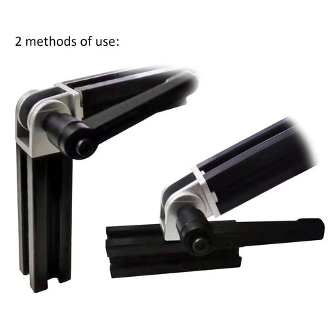 2 Pack 2020 Series Aluminum Extrusion Pivot Joint Connectors With Handles For 20x20 And 6mm T Slot Rails Die Cast Zinc Alloy Built For Easy Modding And DIY Frame Builds Heavy Duty Linkage For Custom Creations, shown in two use positions