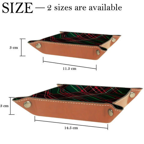 Slick Dark Green Tartan Valet Tray For Nightstand And Desk Go To Catch All Storage Dish For Keys Coins Watch Jewelry And Wallet Durable Microfiber Leather Organizer Pad sizes shown, measuring 11.5 cm and 14.5 cm.