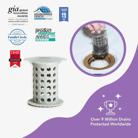 Two inch stand up shower drain protector hair catcher gray clog guardian removing hair from drain.