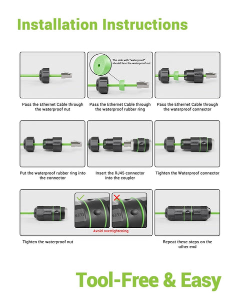 Installation instructions for Beefy Outdoor Waterproof RJ45 Ethernet Coupler Shielded Cat7 Cat6a Cat6 IP68 Weatherproof.