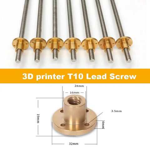 Beefed Up T10 Trapezoidal Lead Screw For 3D Printers, 10mm Diameter, 2mm Pitch, 14mm Lead, 304 Stainless Steel Rod With Copper Nut, Lengths From 100mm To 1000mm, Plug And Play Replacement With Smooth Linear Motion. T10 lead screw with copper nut and dimension view