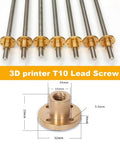 Stainless Steel T10 Trapezoidal Lead Screw For 3D Printers, 10mm Dia, 2mm Lead And Pitch, Copper Nut, Lengths From 100mm To 1200mm, Beefy For Stepper Motor Drives And Guide Rails, One Color Finish, shown with copper nut