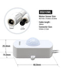 Front view of Mini PIR Motion Sensor Switch For DIY LED Lighting, Occupancy Sensor, DC 12V To 24V, with sensor and cable dimensions.