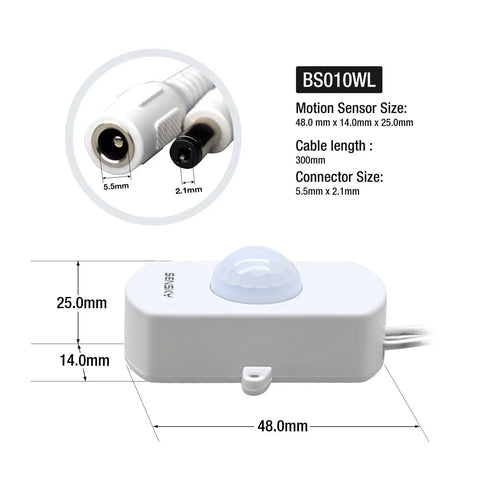 Front view of Mini PIR Motion Sensor Switch For DIY LED Lighting, Occupancy Sensor, DC 12V To 24V, with sensor and cable dimensions.