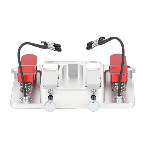 Pro Grade Soldering Helping Hands Station with dual clamps and aluminum base, front view showing 12mm opening and ceramic clamps