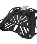 Rugged Carbon Steel Motorcycle Trunk Base Plate Rack Mount For 45L Storage Box, top view, black steel with mounting holes