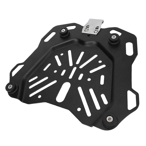 Rugged Carbon Steel Motorcycle Trunk Base Plate Rack Mount For 45L Storage Box, top view, black steel with mounting holes