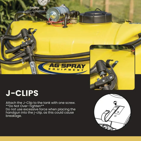 25 Gallon Platinum Spot Sprayer With Prime Pump Delivers 60 Psi For Heavy Duty Ag Work Polyethylene Tank showing J-Clips attachment detail.