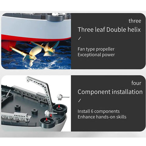 Close-up of Remote Controlled Warship Battleship 23.6 Inch 4WD 2.4G RC Carrier showing propeller and component installation