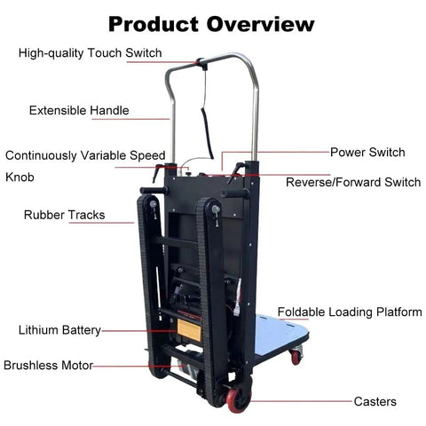 Heavy Duty Electric Stair Climber Dolly With Rubber Tracks For Hauling Furniture Appliances And Industrial Gear Up To 771 Lbs Using Powerful 1200W Motor Plus Foldable Design For Easy Storage And Smooth Moves product overview with labeled features.