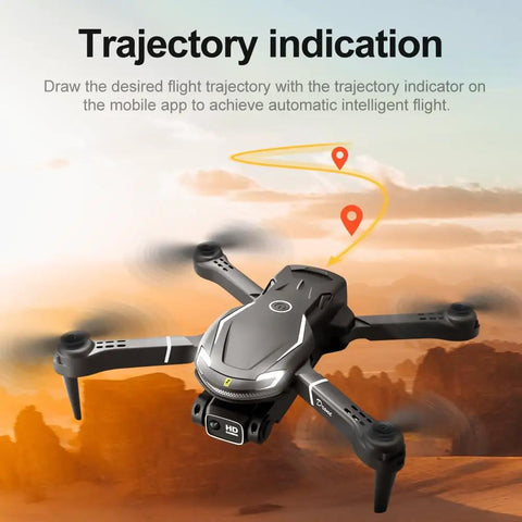 Dope 4K Dual Camera Foldable Drone for Beginners and Families flying with trajectory indication in desert landscape