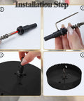Rannb 8-inch bi-metal hole saw kit installation: arbor assembly, hex key, pilot drill, and serrated hole saw.