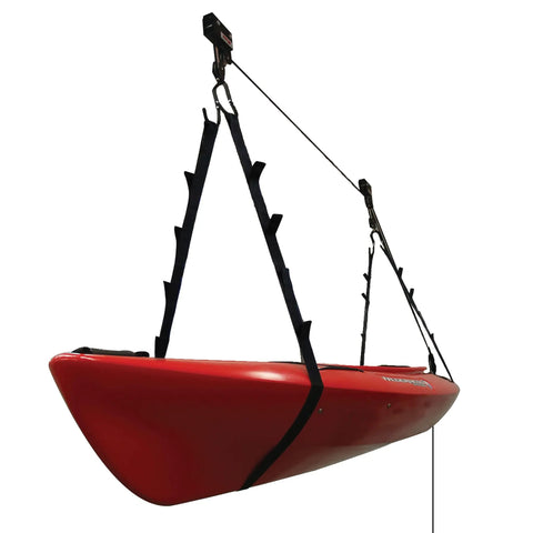 Easy Garage Storage Hoist For Kayaks Canoes Bikes And Ladders One Person Lift System With Pulleys Hooks Brackets Hardware 50 Ft Rope Saddle Straps 120 Lb Capacity Black, red kayak lifted in garage