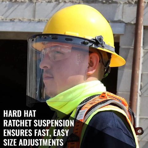 Worker wearing Full Brim Hard Hat With Adjustable Visor And Face Shield Made In USA ANSI Z87 1 20 OSHA Compliant Yellow on site.