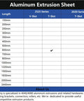 Aluminum extrusion sheet listing lengths and series, T-Slot 600mm marked, 1010 Aluminum Extrusion T Slot 600mm Black 4 Pack