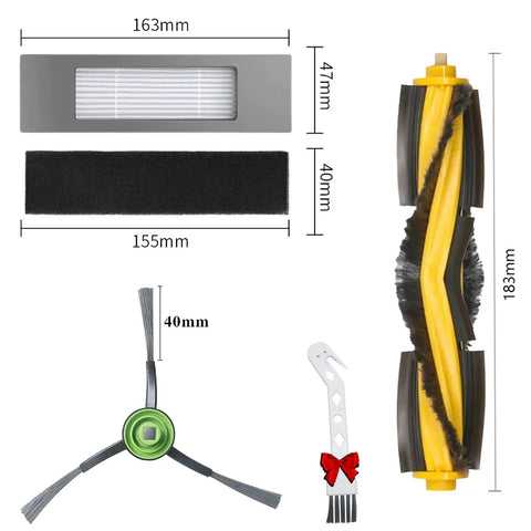 Super Handy 17 Pack Replacement Parts Kit For Ozmo Robot Vacuums Comes With 2 Roller Brushes 10 Side Brushes 4 Filters Compatible With 920 950 T5 T8 N8 Pro Models Makes Cleaning A Breeze And Keeps Your Machine Running Smooth parts layout with dimensions