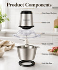 Homeasy Electric Food Chopper components including stainless steel bowl, blade assembly, and motor unit for quick meal prep.