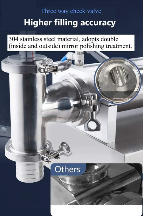 Heavy Duty Pneumatic Liquid Filling Machine With Horizontal Piston Dispenser And Multi Rod Design That Runs On Compressed Air To Crank Out Batches Of Engine Oil Shampoo Or Honey Like A Champ In 500 To 5000 Ml Volumes showing a three way check valve made of polished 304 stainless steel.