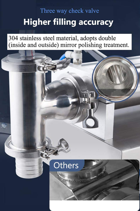 Close-up of the three-way check valve on Heavy Duty Pneumatic Liquid Filling Machine With Horizontal Piston Design.