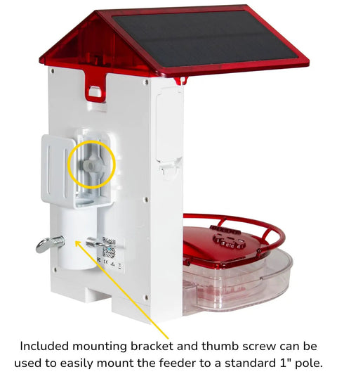 Killer 2 In 1 Hummingbird Feeder With Solar Smart Camera And AI Species Tracking for mounting bracket details.