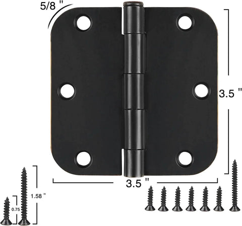 Six Pack Matte Black Interior Door Hinges Three Point Five Inch Round With Five Eighths Inch Radius Heavy Duty Hinges and screws