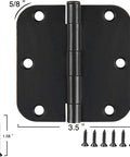 18 Pack Matte Black 3.5 Inch Door Hinges With Rounded Five Eighths Inch Radius Corners Includes 108 Screws For Quick Install flat view with screws