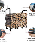Heavy Duty Firewood Rack Stand for Outdoor and Indoor Use holds a quarter cord of firewood, matte black metal organizer features highlighted.