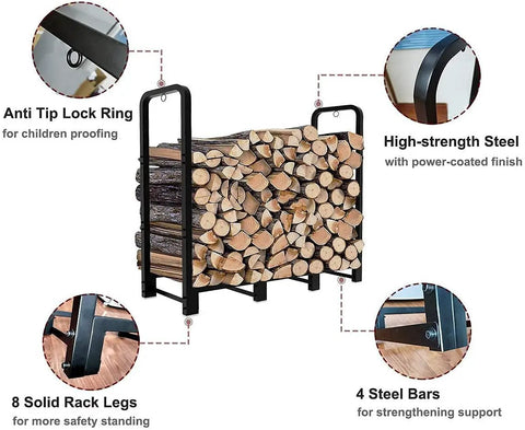 Heavy Duty Firewood Rack Stand for Outdoor and Indoor Use holds a quarter cord of firewood, matte black metal organizer features highlighted.