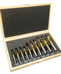 Set of 10 tin-coated 2-flute HSS end mills in a wooden case (front view)
