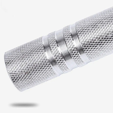 Close-up of silver steel tube for Turn Your Dumbbells Into A Barbell With Steel Connecting Rod, ultra precision threaded surface.