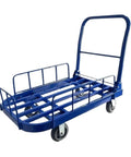 Beefy Heavy Duty Metal Platform Hand Truck With Surround Fence Foldable Push Cart And Silent Swivel Casters For Warehouse Grocery Garage Moving Dolly Cart Large Load Capacity Storage Trolley Blue, blue metal side view