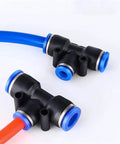 Grab This Awesome 100 Piece Pneumatic Push To Connect Fitting Kit With Quick Hose Assembly For Air And Water Systems Matching 4Mm 6Mm 8Mm 10Mm 12Mm 14Mm 16Mm Tubing Perfect For Compressors And Industrial Gear black Y fittings with blue tubing