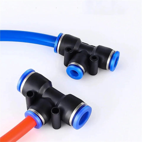 Grab This Awesome 100 Piece Pneumatic Push To Connect Fitting Kit With Quick Hose Assembly For Air And Water Systems Matching 4Mm 6Mm 8Mm 10Mm 12Mm 14Mm 16Mm Tubing Perfect For Compressors And Industrial Gear black Y fittings with blue tubing