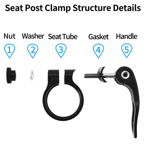 Detailed view of Premium Bike Seat Post Clamp With Quick Release Collar In Aluminum Alloy 31.8mm parts including nut, washer, seat tube, gasket, and handle