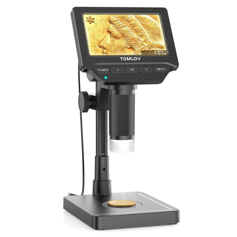 4.3 Inch Digital Coin Microscope with Built In Scale and illuminated magnifier displaying a detailed image of a coin on screen.
