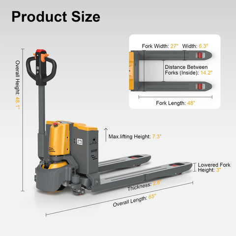ApolloLift Heavy Duty Electric Pallet Jack 4400 Lb Capacity with 48 X 27 Forks Size Diagram and Dimensions