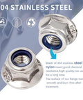 Beefy Flange Lock Nuts With Nylon Insert, 304 Stainless Steel DIN985, Bright Finish, close-up view.