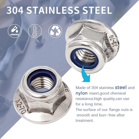 Beefy Flange Lock Nuts With Nylon Insert, 304 Stainless Steel DIN985, Bright Finish, close-up view.