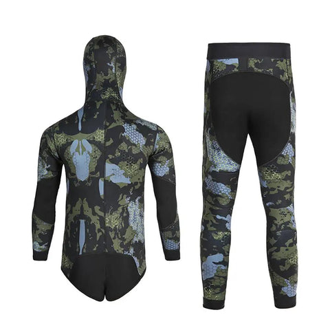 Back view 5mm Neoprene Hooded Spearfishing Wetsuit Two Piece Full Body Camouflage Diving Suit For Cool Water Freediving And Hunting, Long Sleeve, Green XXL, For Cold Water Conditions, Comfortable Fit