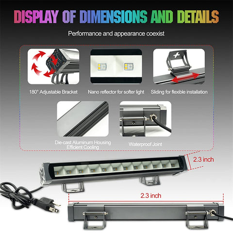 Wash Light Bar 45W RGBW DJ Stage Lights With Smart App Control Waterproof 36 LED Wall Washer dimensions and installation details.